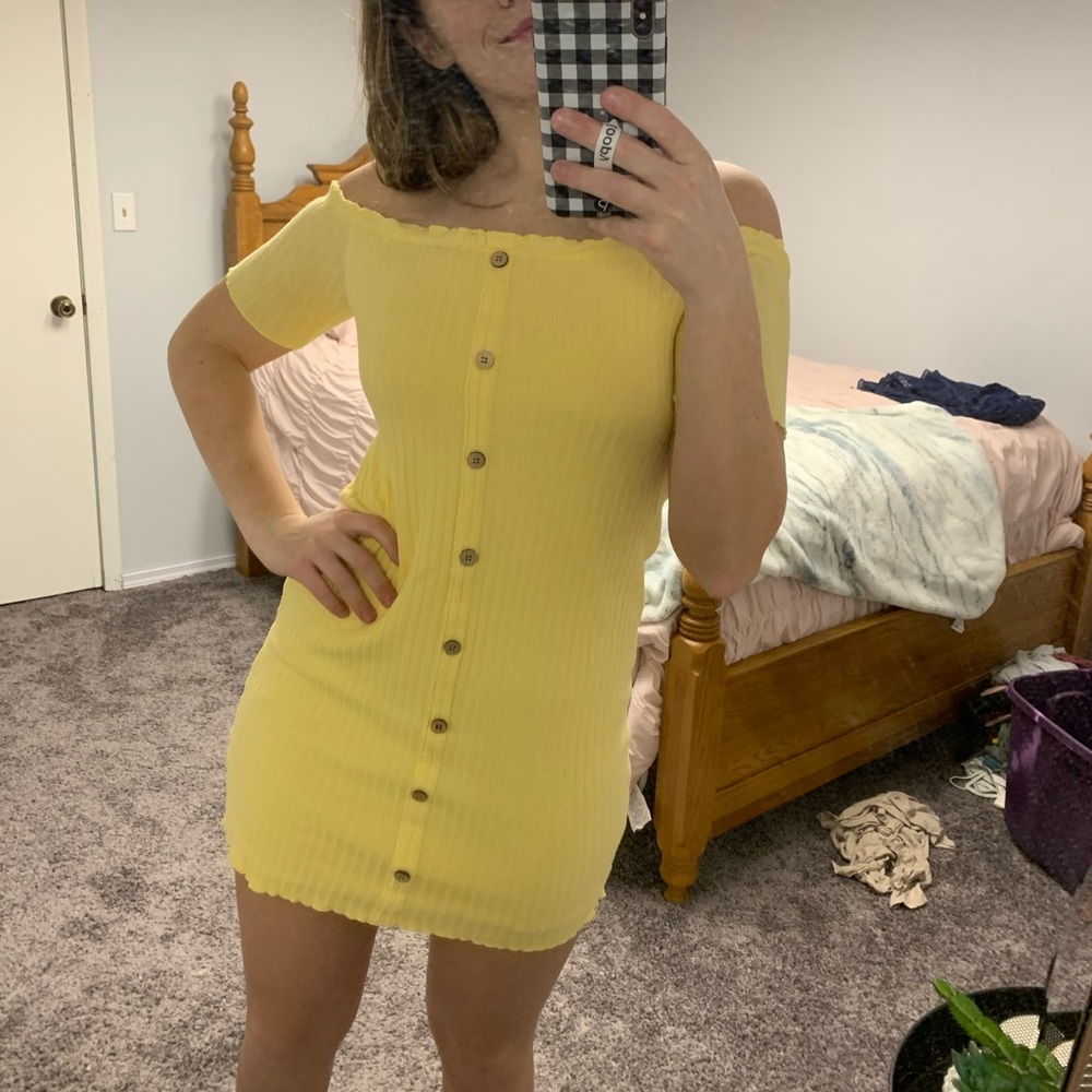 Yellow body con cotton mini dress